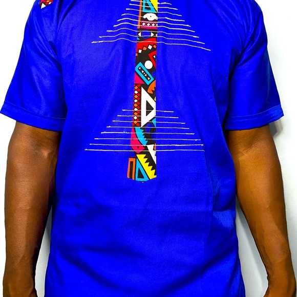 Men’s African Clothing Print Blue/Royal Blue African Top Mens Sizes S-XL - Picture 3 of 4